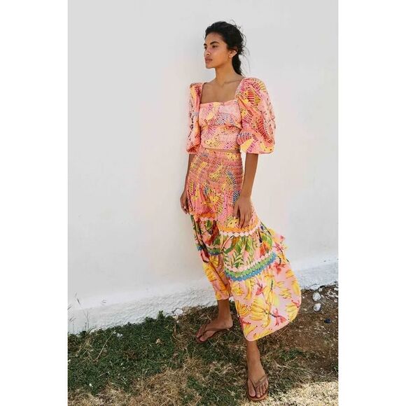 Anthropologie Farm Rio Mixed Pink Prints Maxi Skirt Tiered Crochet S NEW - Picture 4 of 4